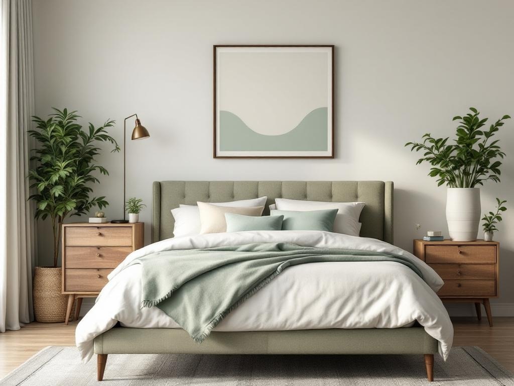 A modern sage green bedroom featuring vintage decor elements.
