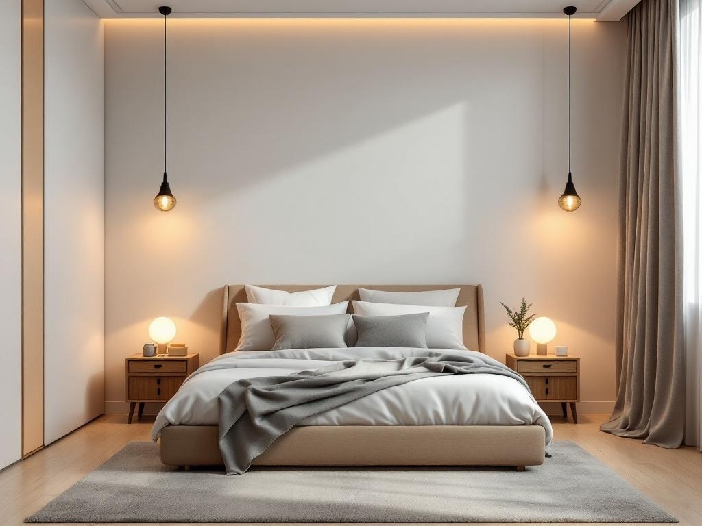 A modern sage green bedroom with layered lighting solutions, featuring pendant lights and bedside lamps.