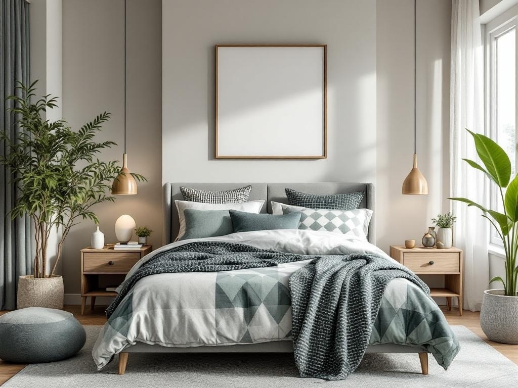 A modern sage green bedroom featuring a mix of geometric and textured patterns.