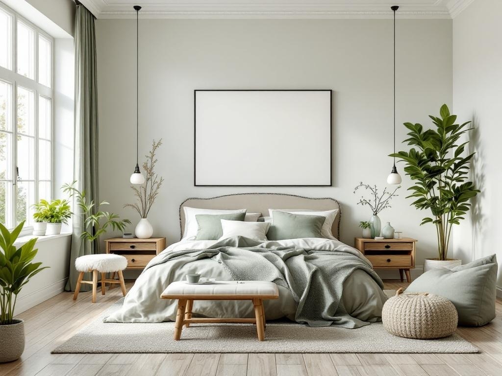 A modern sage green bedroom with natural light, plants, and open space.