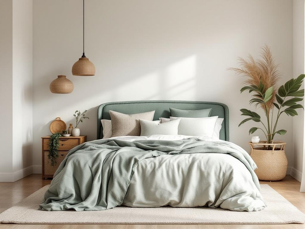 A modern sage green bedroom featuring natural textures and fabrics.