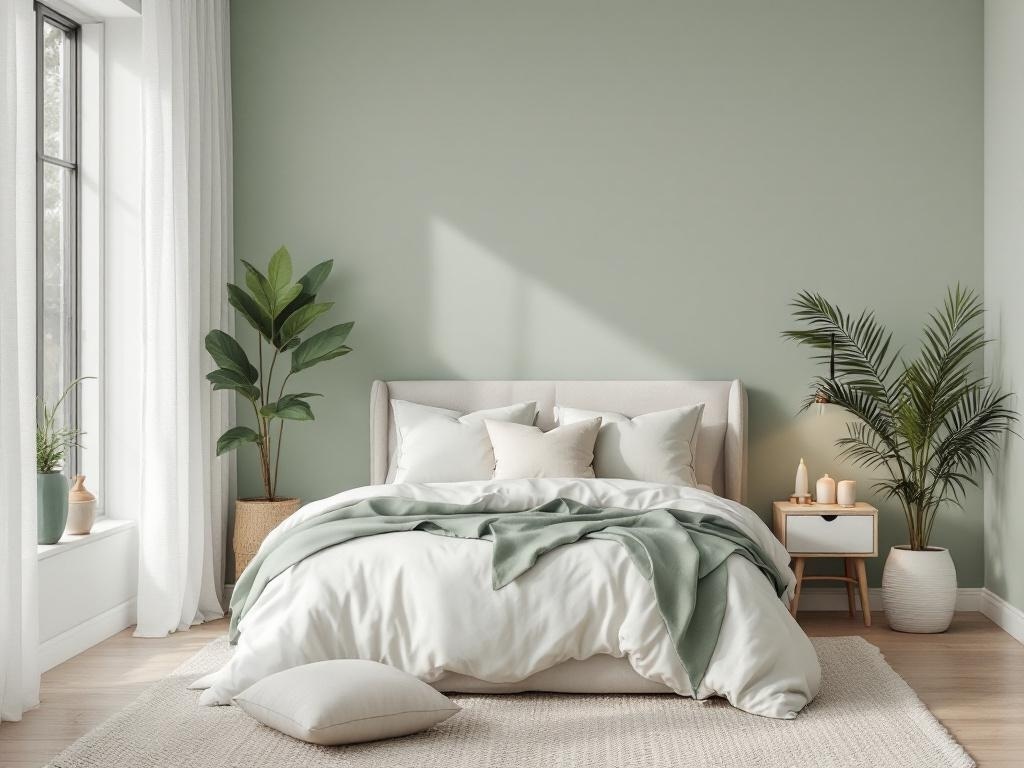 A modern bedroom featuring sage green walls, a cozy bed with soft linens, and indoor plants.