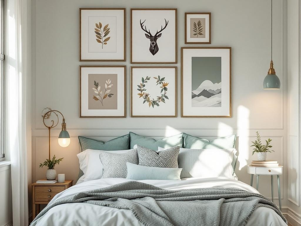 A modern sage green bedroom featuring a collection of framed artwork on the wall above the bed.