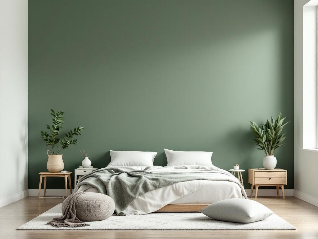 I absolutely LOVE an accent wall. I remember when I painted a wall in my room bright orange. It altered my mind. A modern bedroom featuring a sage green accent wall, light bedding, and indoor plants.