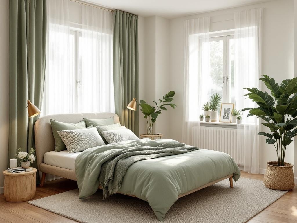 A modern sage green bedroom with light curtains, plants, and cozy decor.