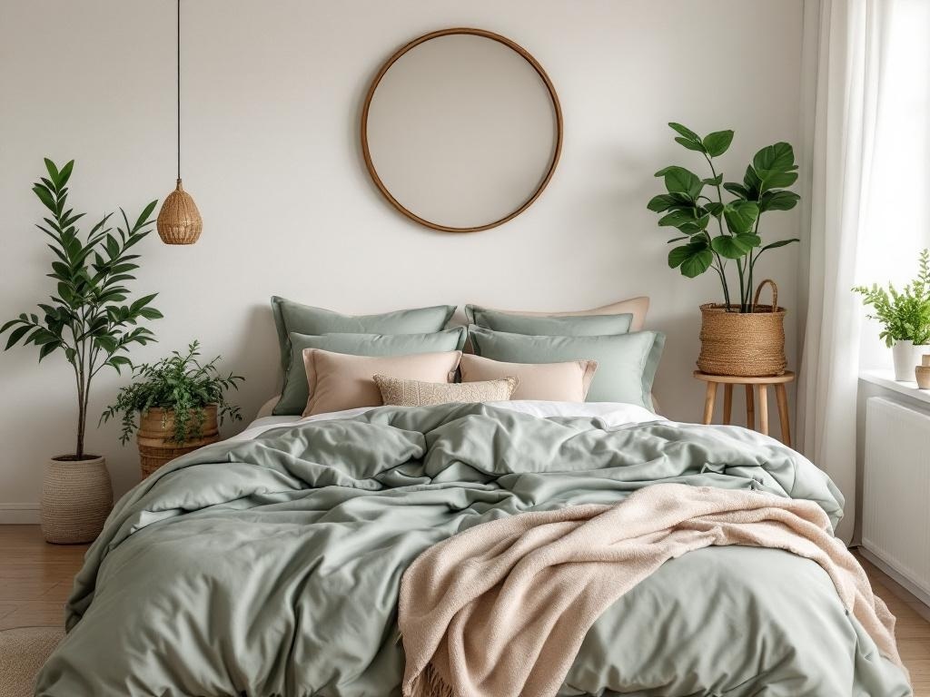 A cozy bedroom featuring soft sage green bedding with plants and natural decor.