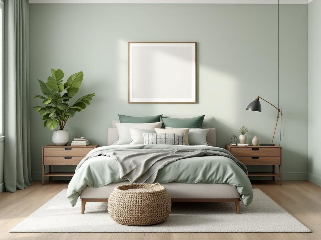 A stylish sage green bedroom featuring a bed with soft bedding, wooden nightstands, and decorative plants.