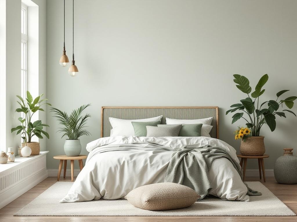 A modern sage green bedroom with plants and natural materials.