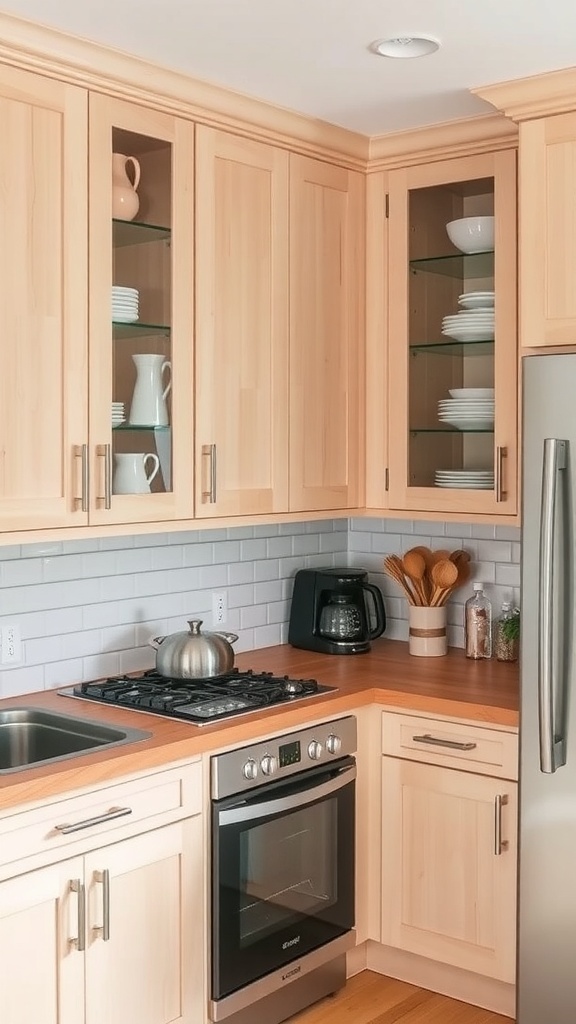 A small kitchen with light wood cabinets and glass doors, showcasing dishes and utensils.