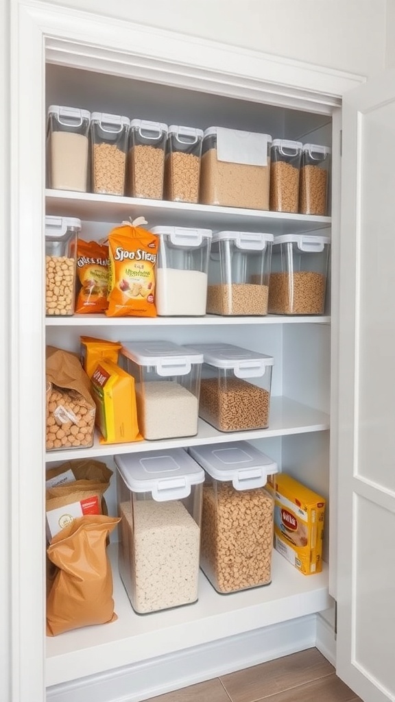 Organized pantry with clear storage containers holding various food items.