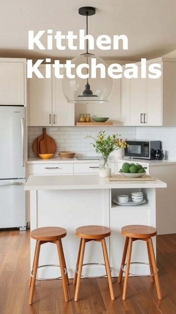 A compact kitchen island with three wooden stools and open shelving, set in a modern kitchen.