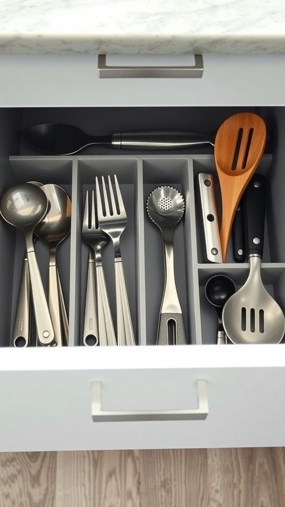 Organized kitchen drawer with utensils separated by dividers