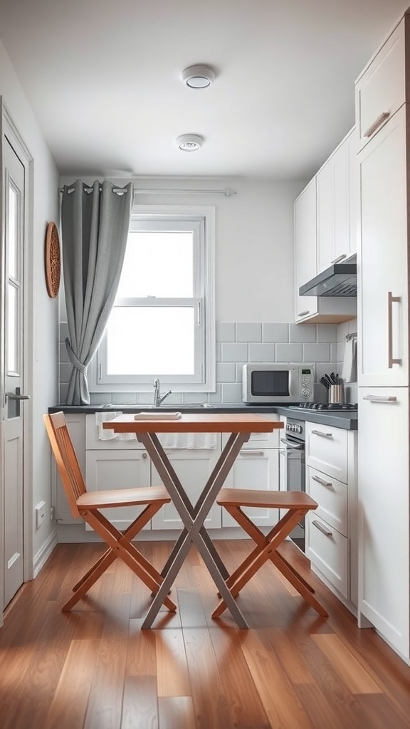 A small kitchen featuring a foldable table and chairs, showcasing a compact and stylish design.