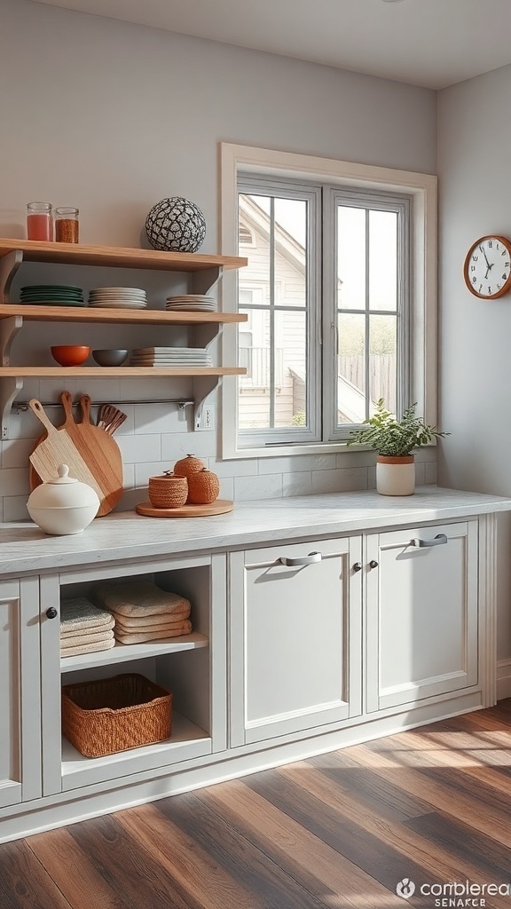 A small kitchen with hidden storage in furniture, featuring open shelves and closed cabinets.