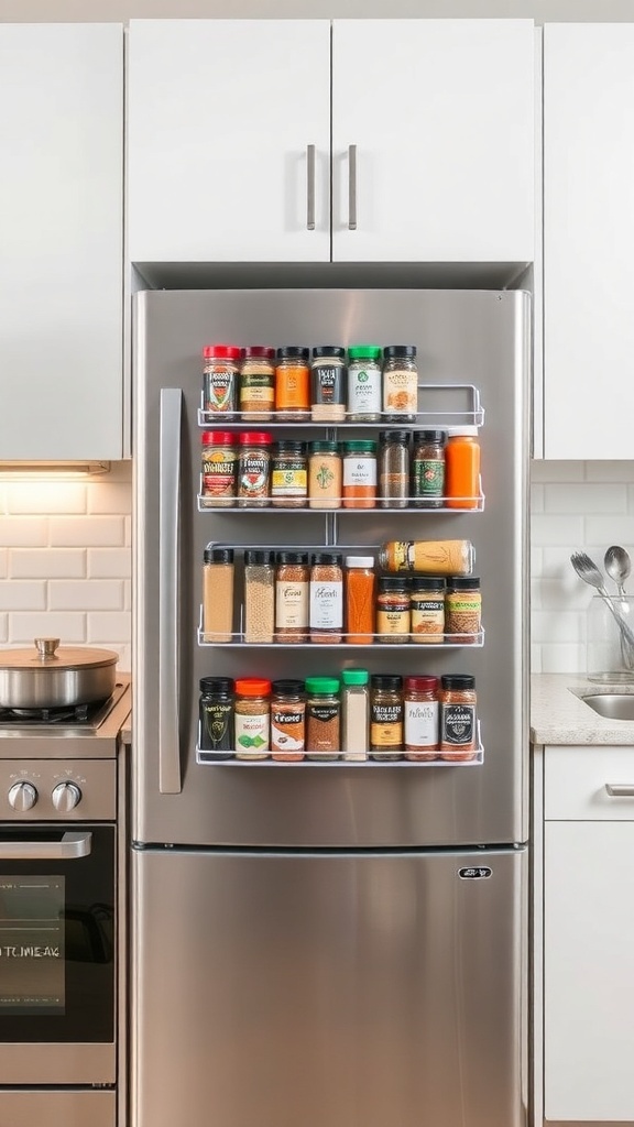 Magnetic spice rack on a refrigerator with various spice jars organized neatly.