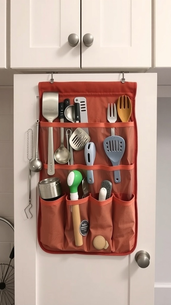 An over-the-door storage organizer filled with kitchen utensils, hanging on a cabinet door.