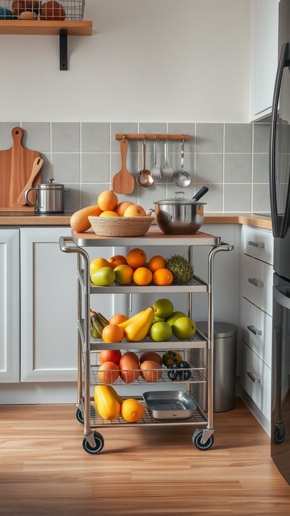 A rolling kitchen cart filled with various fruits, placed in a small kitchen setting.