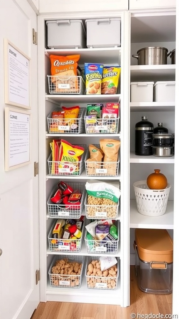 Organized pantry with stackable storage solutions, featuring labeled baskets and bins.