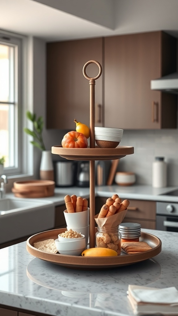 A tiered serving tray with fruits and snacks in a modern kitchen.