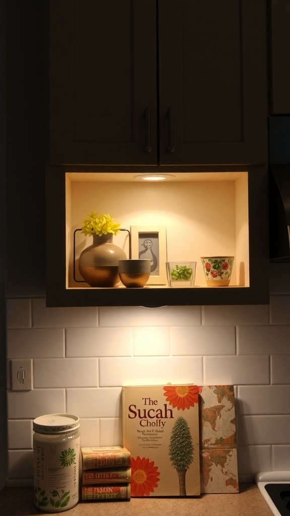 A cozy kitchen with under-cabinet lighting illuminating decorative items and storage.
