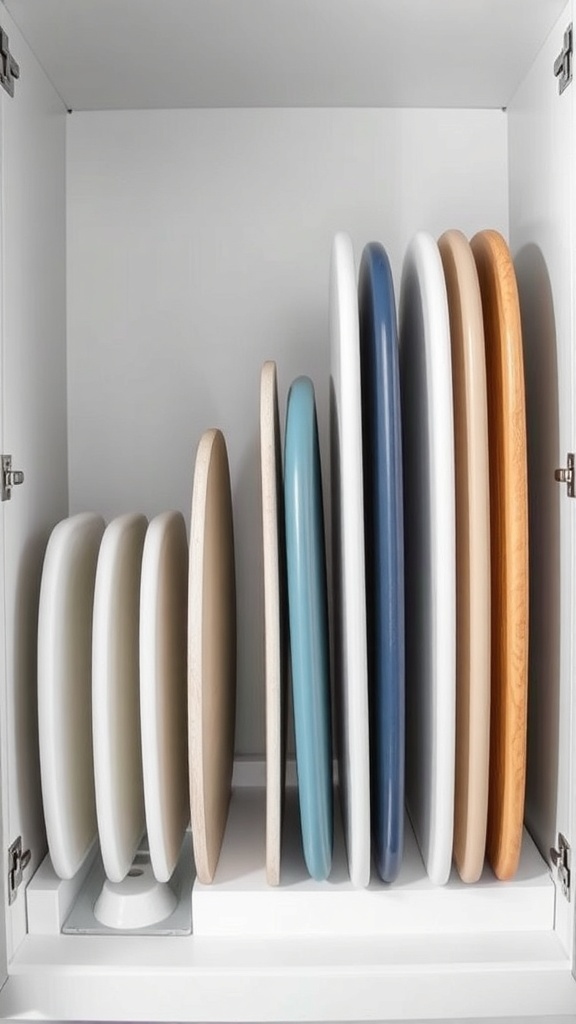 Organized kitchen cabinet with vertical dividers holding plates