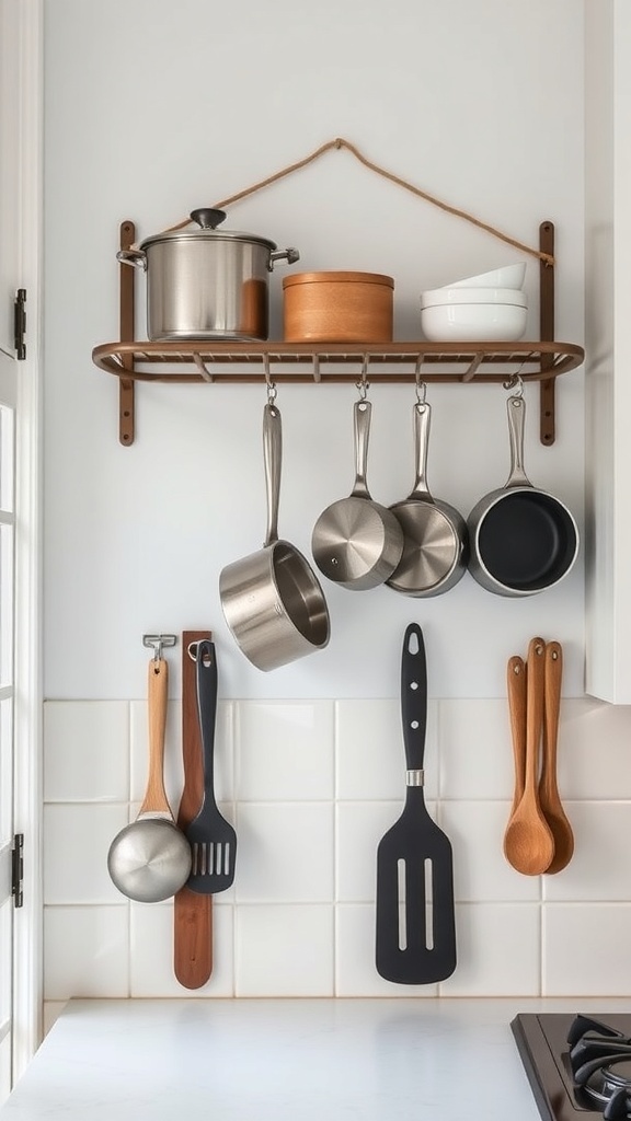A wall-mounted pot rack displaying pots and cooking utensils in a small kitchen.