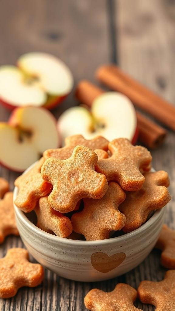 A bowl of apple cinnamon chews surrounded by fresh apple slices and cinnamon sticks.