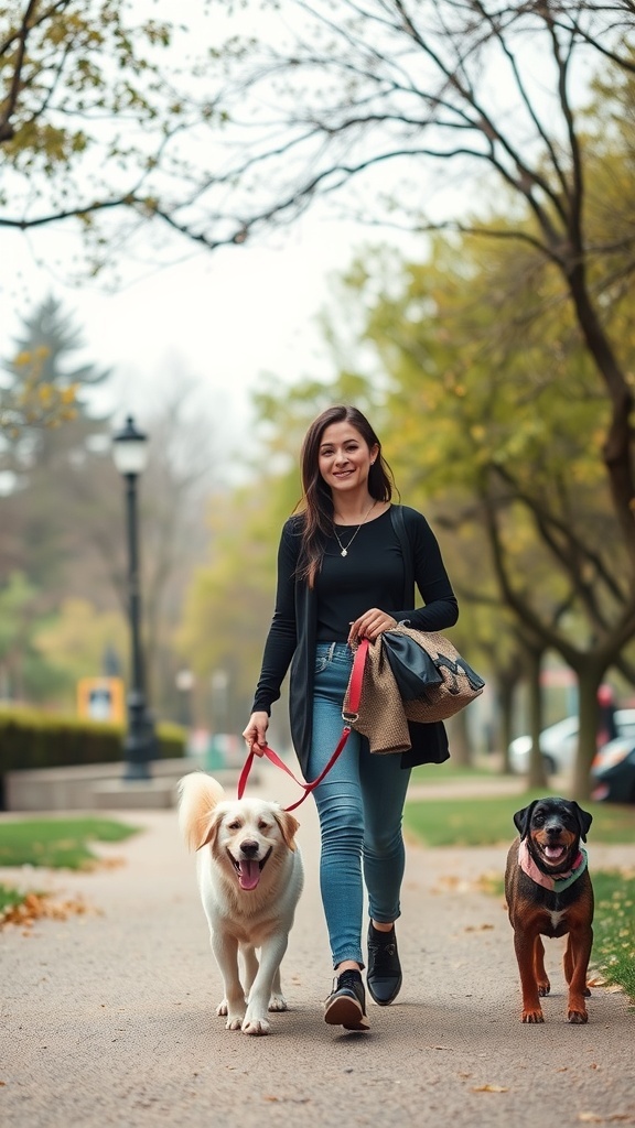A woman walking two dogs in a park, representing the balance of pet care and work-life.
