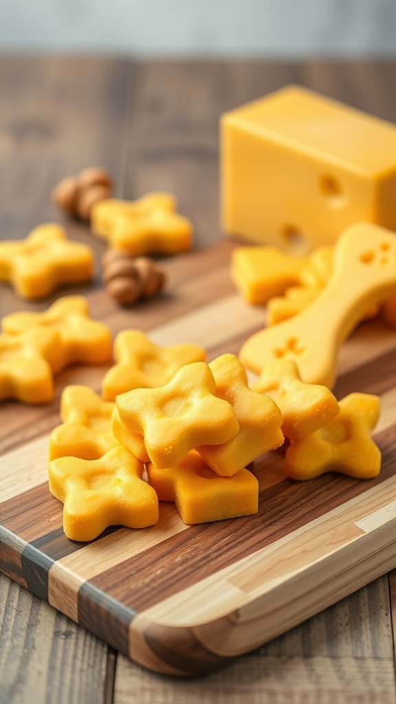 Cheesy dog treats shaped like stars on a wooden cutting board with a block of cheese.
