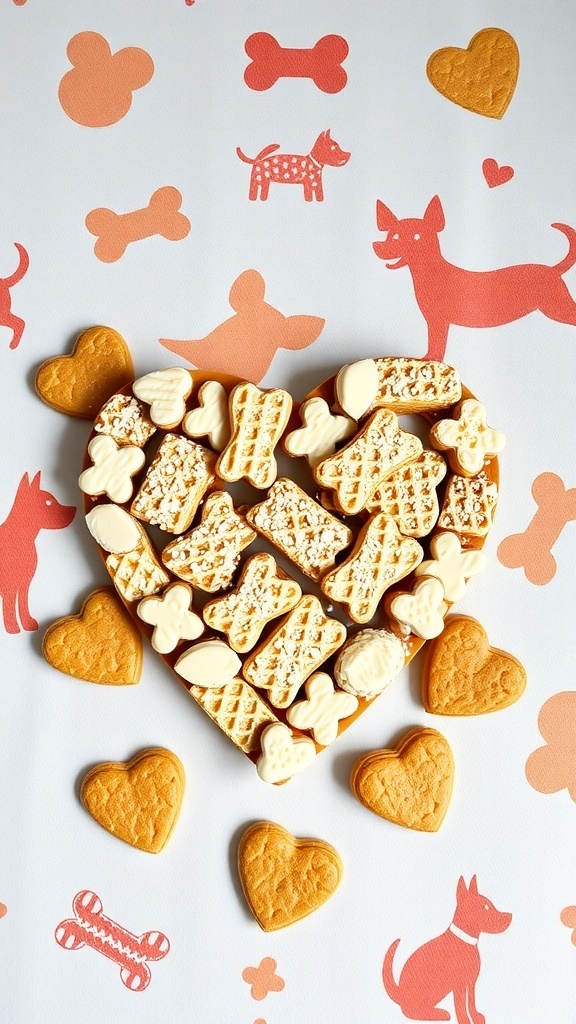 A heart-shaped arrangement of various dog treats on a playful dog-themed background.