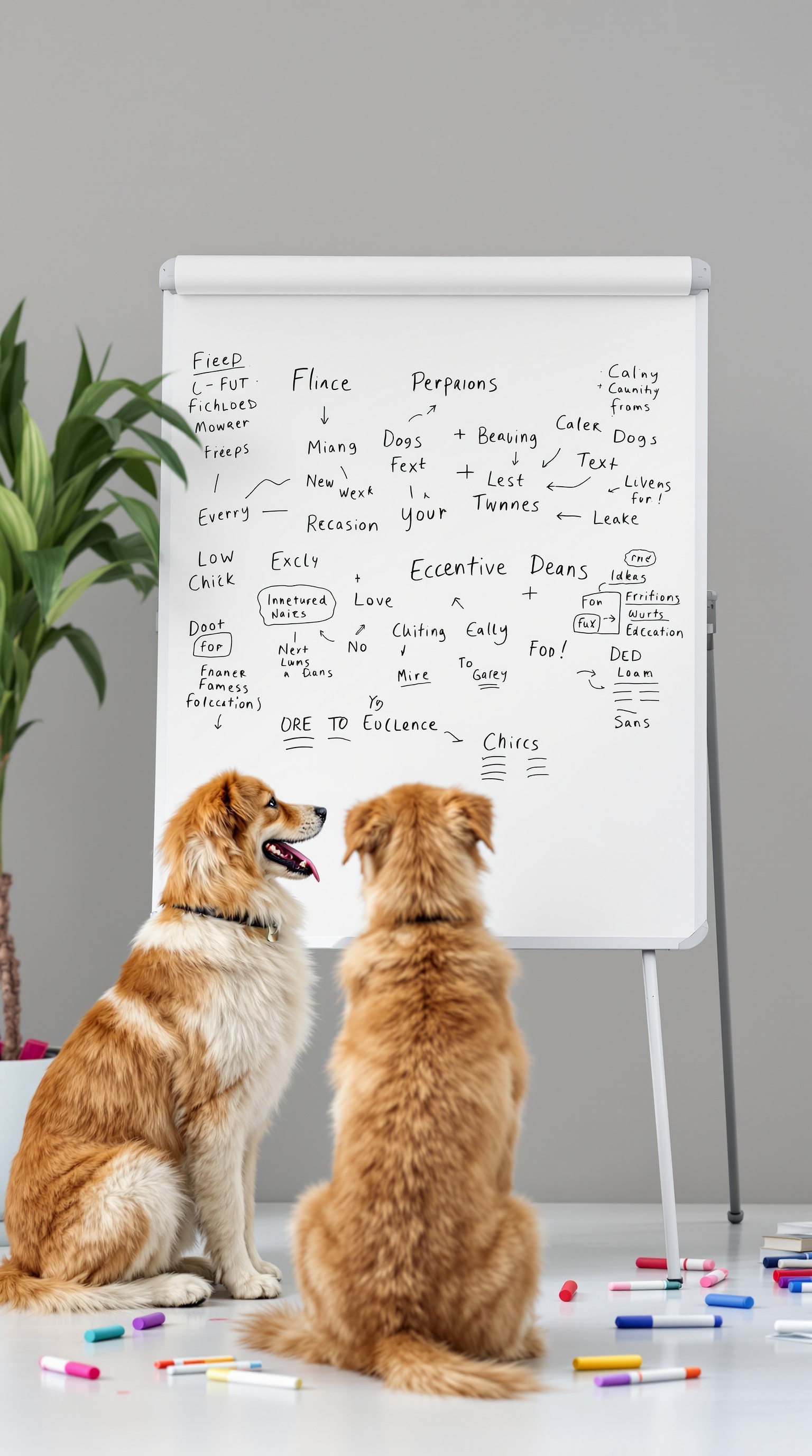 Two dogs looking at a whiteboard filled with notes and ideas.