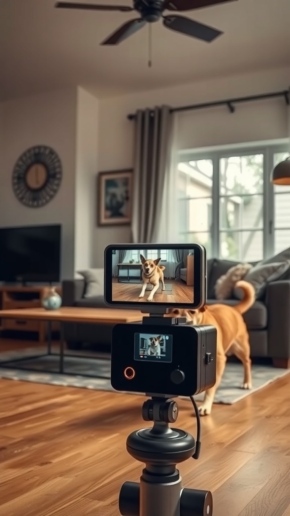 A dog camera capturing a dog in a living room, showcasing a cozy home environment.
