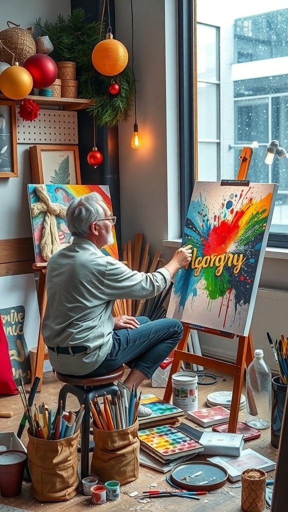 An elderly man painting in a colorful art studio filled with art supplies and decorations.