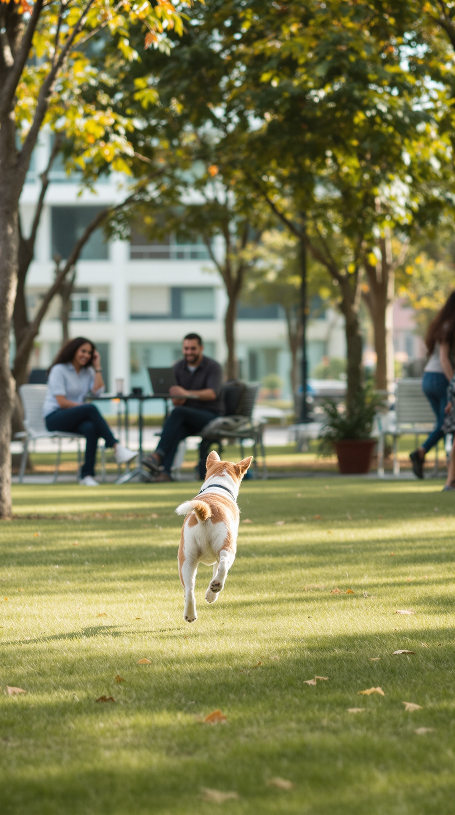 A dog running in a park while people work on laptops in the background.