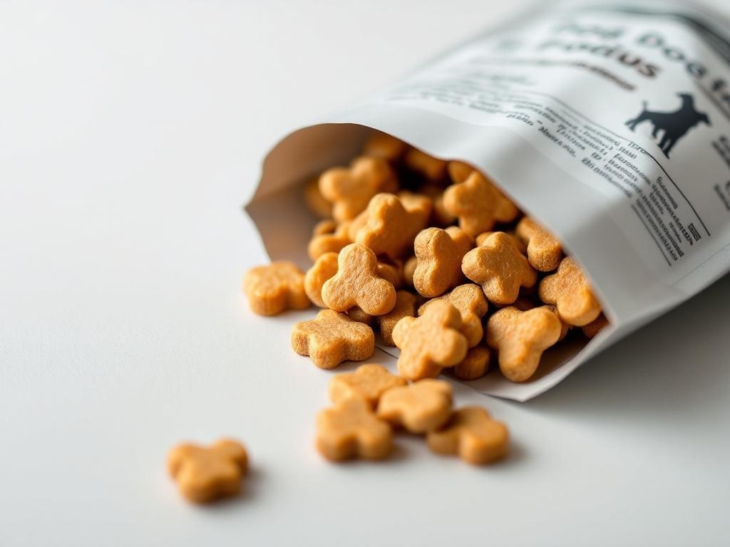 A bag of homemade dog treats shaped like bones, spilling out onto a white surface.