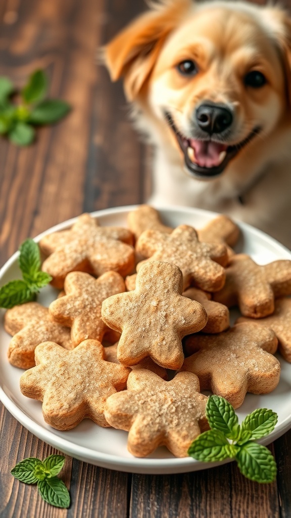 A happy dog with a plate of minty star-shaped dog treats.