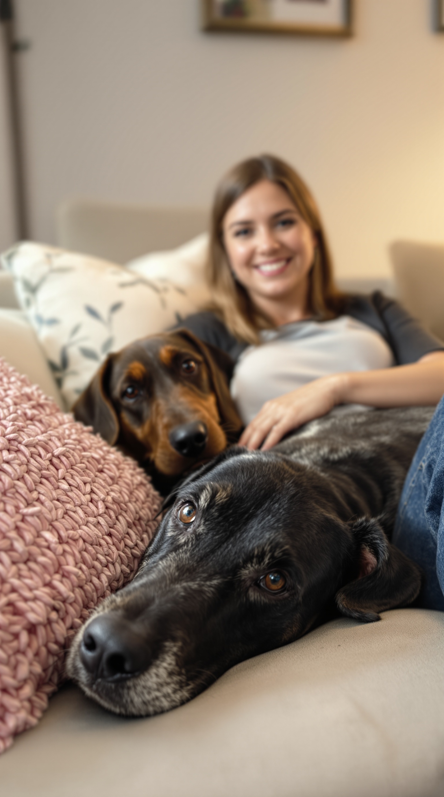 A woman relaxing on a couch with two dogs, showcasing the calming presence of office therapy dogs.