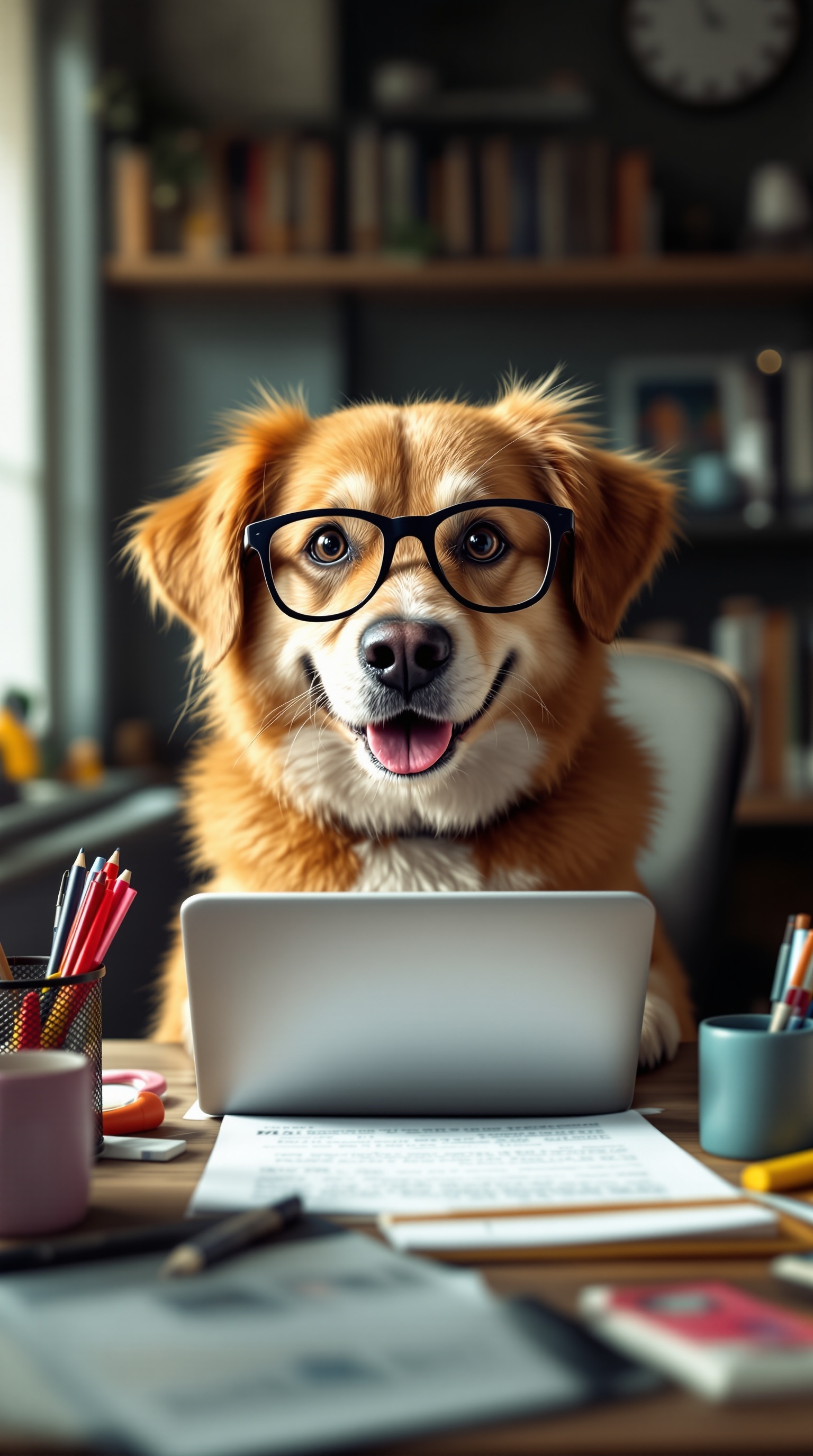 A cheerful dog wearing glasses sitting at a desk with a laptop and office supplies.