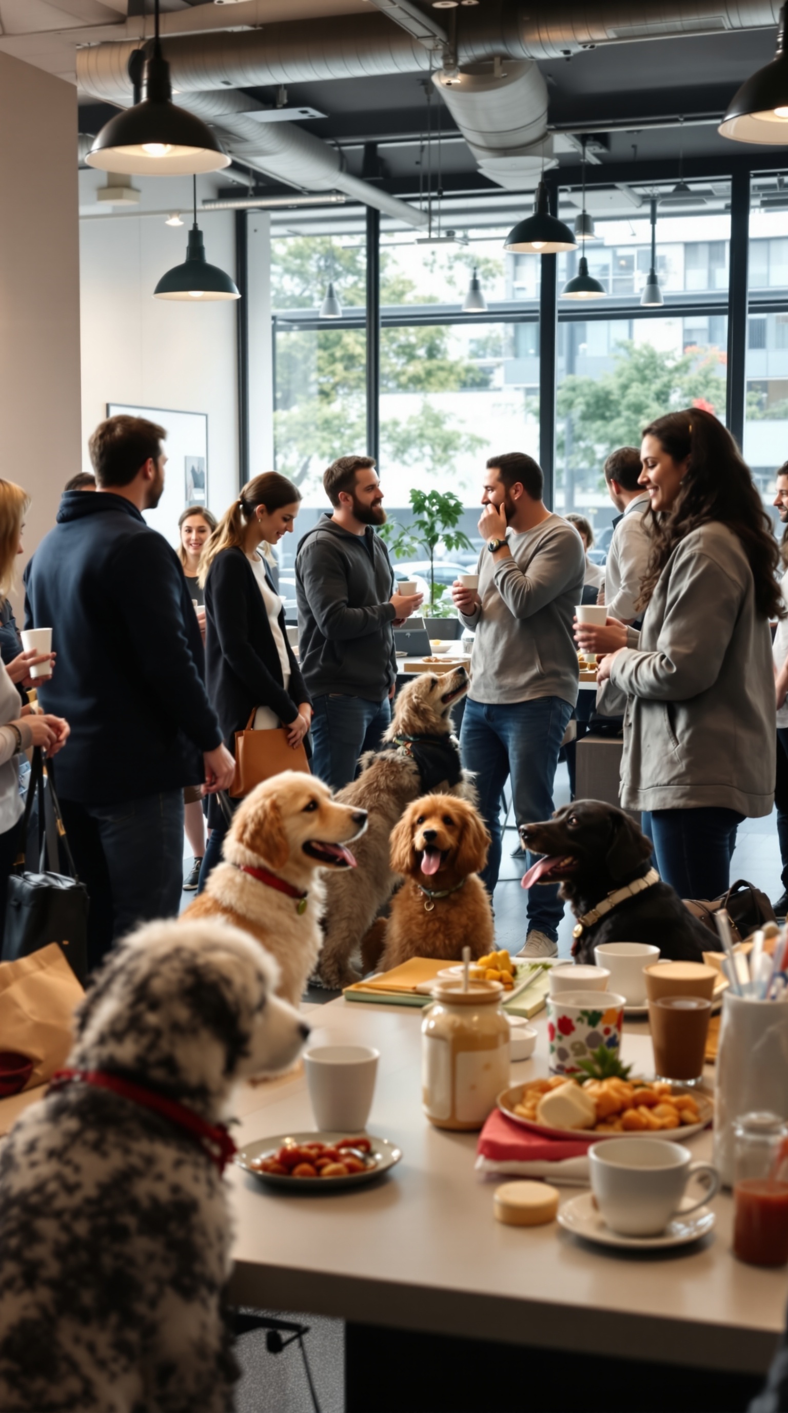A lively networking event with people chatting and several dogs mingling around.