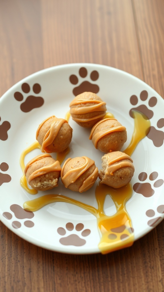 Peanut Butter and Honey Balls on a paw print plate