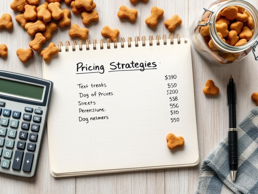 A notebook with pricing strategies for dog treats, a calculator, and dog-shaped treats.