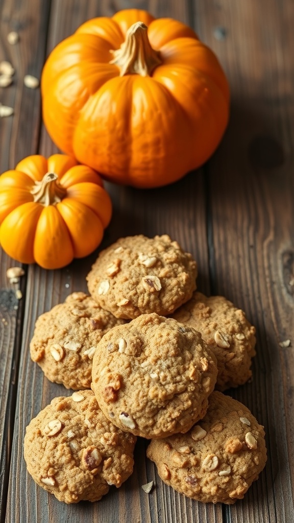 Pumpkin oatmeal cookies with pumpkins in the background