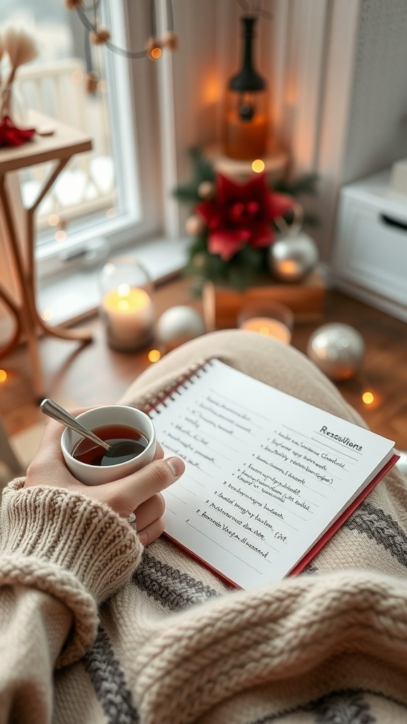 A person in a cozy sweater holding a cup of tea and writing resolutions in a notebook, with festive decorations in the background.