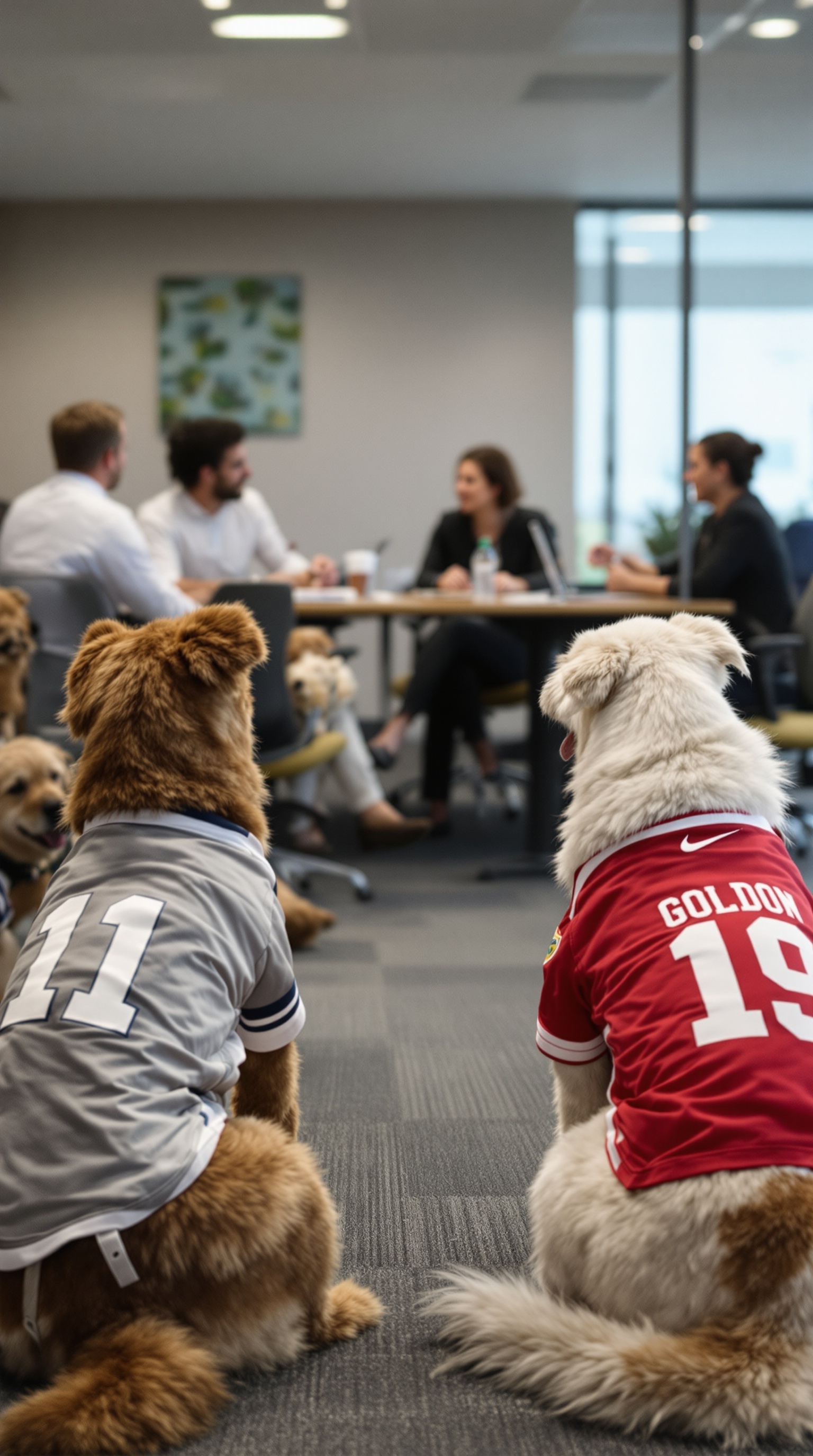 A group of dogs in jerseys sitting in an office during a meeting.