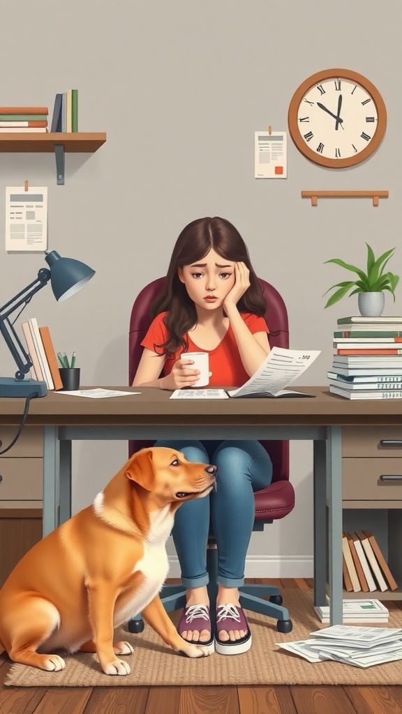 A cartoon of a worried dog mom at a messy desk with bills, accompanied by a concerned dog.