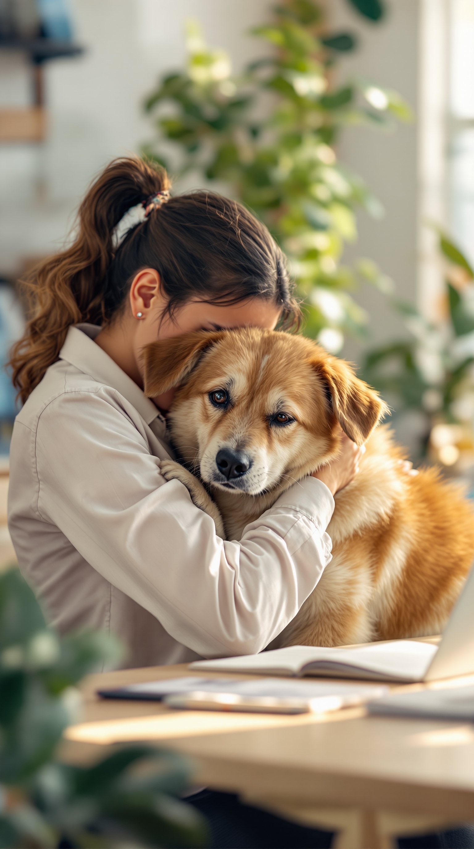 A woman hugging her dog while working at a desk surrounded by plants.