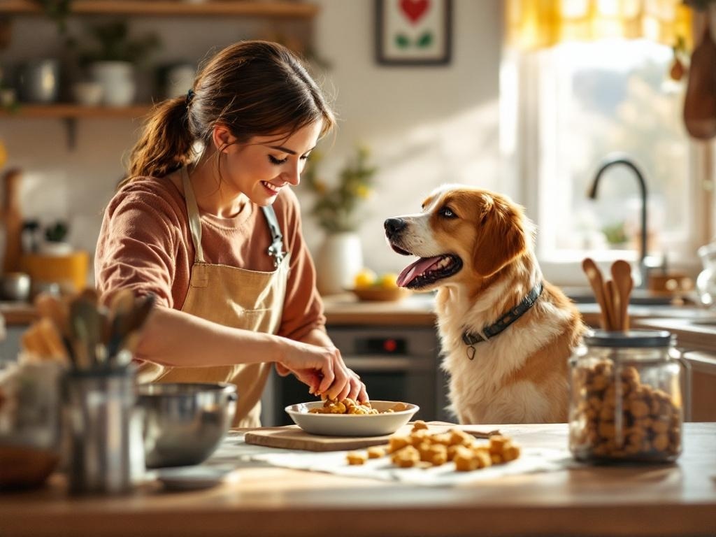 A woman baking homemade dog treats in a cozy kitchen with her dog watching.
