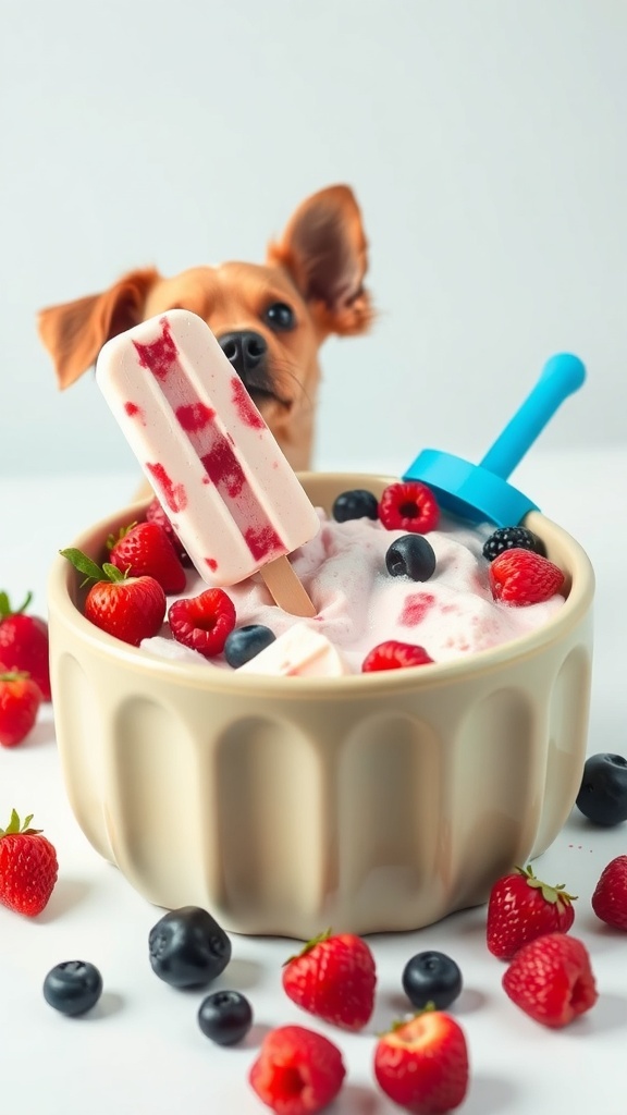 A bowl of yogurt and berry popsicles with a dog looking on eagerly.