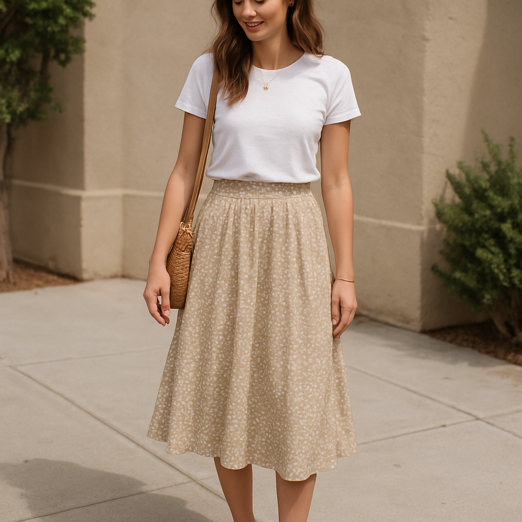 White t-shirt tucked into flowy midi skirt, casual summer date outfit, effortless feminine style