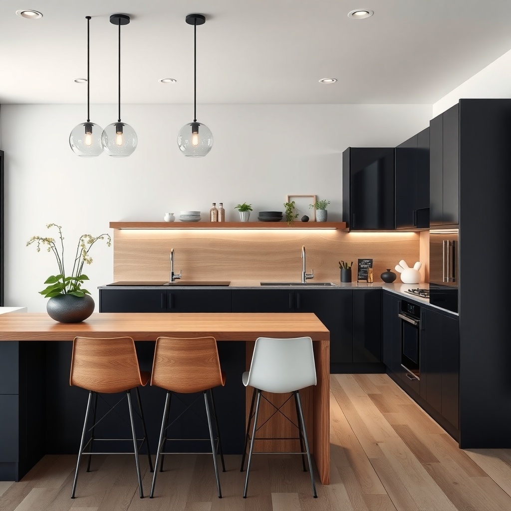 A modern kitchen featuring black cabinets and a natural wood island with pendant lighting.